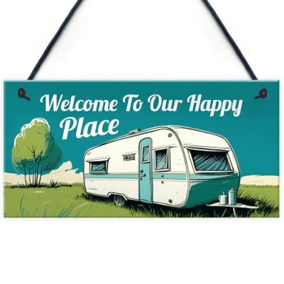 Image of Red Ocean Welcome To Our Happy Place Caravan Sign Novelty Hanging Plaque Accessories Garden Retirement Friend Gift