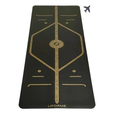 Image of Liforme Travel Yoga mat Free Bag, Patented Alignment System, Warrior like Grip, Non slip, Eco friendly and Biodegradable, Ultra lightweight, Sweat resistant, Long, Wide Thick (Balck &amp; Gold)