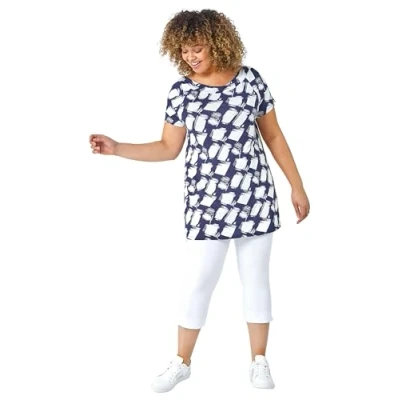 Image of Roman Curve Womens Geometric Print Stretch Bardot Top Navy Size UK 30 32