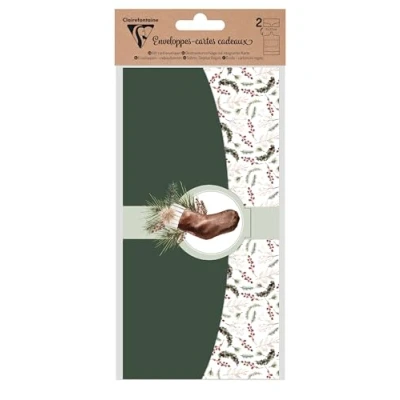 Image of Clairefontaine 20044C Set of 2 Cosy Christmas Pattern Gift Envelopes DL Format 11x22cm 160g Gummed Prints Theme Events and Correspondence Invitation Pollen Range