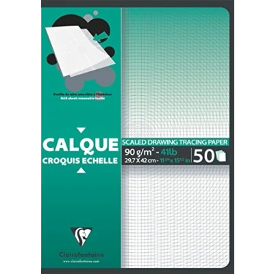 Image of Clairefontaine Ref 97132C Scaled Grid Tracing Paper Pad (50 Sheets) A3 (297 x 420mm) in Size, 90/95gsm Paper, Acid Free, pH Neutral, Highly Transparent