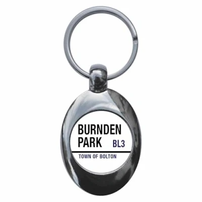 Image of Ozorath Burnden Park BL3 Town of Bolton Road Sign Keyring Keychain Key Ring Chain With Trolley Coin