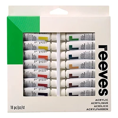Image of Reeves Acrylic Paint Set Highly Pigmented Colours Water Based Colour Paints for Artists Art Supplies Adults &amp; Kids Suitable Canvas, Fabric, Metal More 18 x 10ml Pack