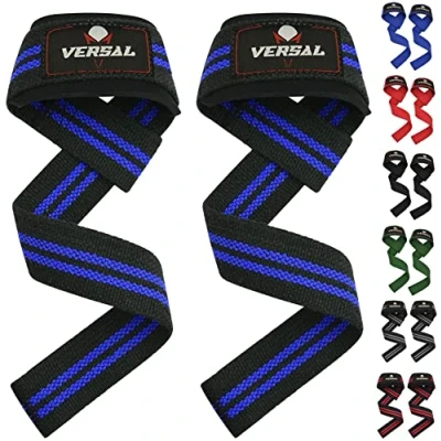 Image of VERSAL VSL Weight Lifting Straps Neoprene Padded Wrist Wraps, 100% Cotton Hand Bar Grips Support Gym for Deadlift Powerlifting Crossfit Strength Training Weightlifting (Blue/Black)