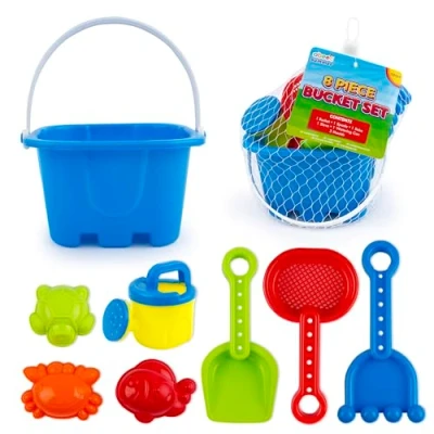 Image of abeec Beach Bucket Set Contains Watering Can, Bucket; Spade, Rake, Sieve, Moulds Outdoor Water And Sand Toys For Kids Toy Pit 8 Piece