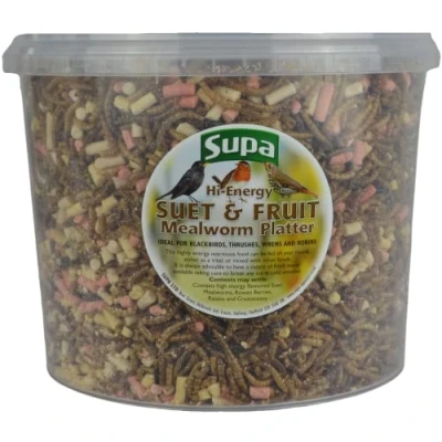 Image of Supa Dried Mealworms, Hi Energy Suet Pellets &amp; Fruit Platter Mix For Wild Birds, 3 Litre Bucket, High Protein Rich Treat Garden Attract More Birds To Your Garden.