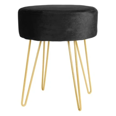 Image of Harbour Housewares 1x Black/Gold H40 x D35cm Round Velvet Footstool Small Living Room Dressing Table Ottoman Pouffe Chair Seat