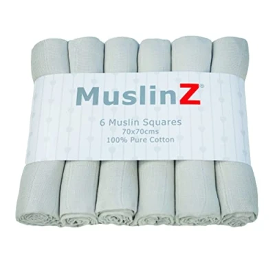 Image of MuslinZ 6PK Baby Muslin Squares, Cloths for Baby, Burp Cloths, Nappies, Soft, Absorbent and Breathable 100% Cotton 70x70cm (Grey)