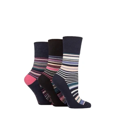 Image of Women&#039;s 3 Pair Gentle Grip Cotton Patterned and Striped Socks Whimsy Stripes Navy Melange 4 8