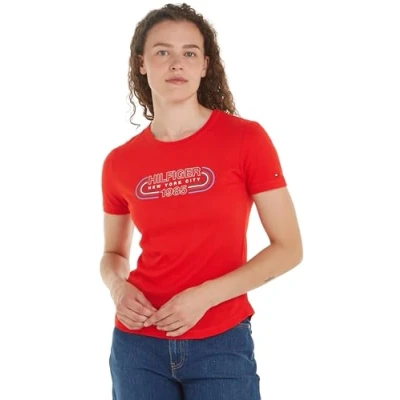 Image of Tommy Hilfiger Women Slim Track C Nk Ss S/S Knit Tops, Red, XXS