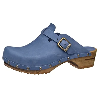 Image of Sanita Kristel Mule Clog Original Handmade Wooden Leather for Women Sustainable Sole Dove Blue 6.5 UK
