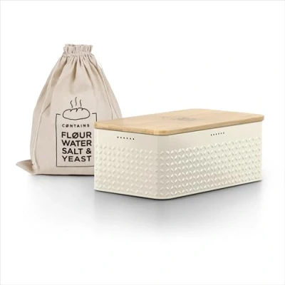 Image of LARS NYSØM Bread bin I Metal box with linen bag for long lasting freshness bamboo lid usable as cutting board 13.4x7.3x5.3In (Almond Beige)
