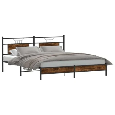 Image of vidaXL Bed Frame Engineered Wood/Steel Smoked Oak Double 183x213 cm with Headboard/Storage Bedroom