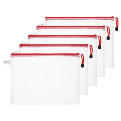Image of M&amp;G Mesh Zipper Pouch Bag 11.42&quot;x8.66&quot;, 5pcs Waterproof File B5 Letter Size Document Organizing Storage for Office Puzzle Cosmetic Travel, PVC Red