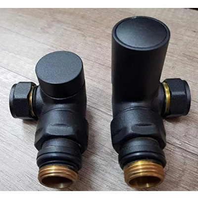 Image of Teams Designer Matt Black Corner Radiator Valves Pair 15mm x 1/2&quot; Towel Rail Valve CMB
