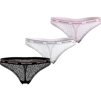 Image of Tommy Hilfiger Women&#039;s 3 Pack Thong Lace (Ext Sizes) Uw0uw04896 Thongs, Black (Black/White/Light Pink), S