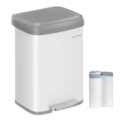 Image of SONGMICS Kitchen Bin, 13 Gallon (50 L) Rubbish Metal Waste Pedal Bin with Lid, Tall and Large, White Dove Grey LTB530W03
