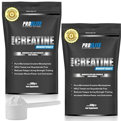 Image of PRO ELITE 100% Pure Creatine Monohydrate 500gx2 = 1KG Powder 200 Servings, Micronised Unflavoured Vegan GMO Free Gluten Mesh