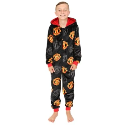 Image of Manchester United Football Club Boys Fleece Sleepsuit Kids All in One (12 13 Years) Black