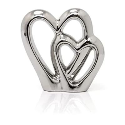 Image of Carousel Home 15cm Elegant Silver Heart Ornament Decoration Ceramic Double Sculpture Dual Love Valentines Anniversary Wedding Gifts