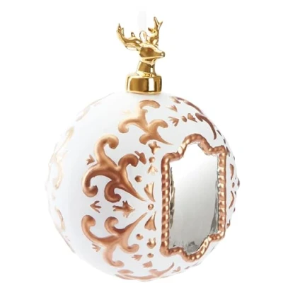Image of BRUBAKER Premium Christmas Bauble Royal Deer 3.9 inches (10 cm) White Tree with Mirror, Gold Pattern and Figure Made of Porcelain Hand Painted Glass Decoration
