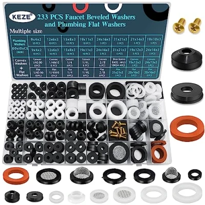 Image of KEZE 233 pcs Faucet Beveled Washers and Plumbing Flat Rubber with Brass Bibb Screws Assortment Kit for Assorted Faucets Stem Worn Out Water Hose Leak Repair Black