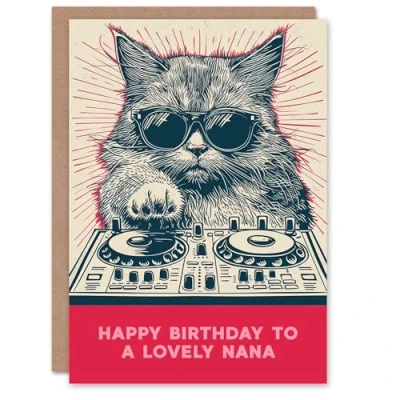 Image of Artery8 Nana Happy Birthday Card DJ Moggie Retro Cool Cat On Decks Fun Funny For Her Greeting