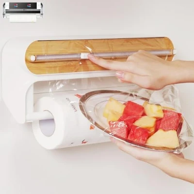 Image of Quasziwa Magnetic Cling Film Dispenser and Cutter Advanced 2 in 1 Wall Mounted Kitchen Roll Holder, Refillable Wrap &amp; Aluminium Foil with Paper Towel Fits 12&quot; Roll, Natural