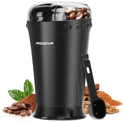Image of Aigostar Electric Coffee Grinder, Stainless Steel Blade, 150W, 60g Capacity, Cord Storage, Portable &amp; Compact for Beans, Spice, Nuts, Seeds, Herbs, Black Breath 30KYI.