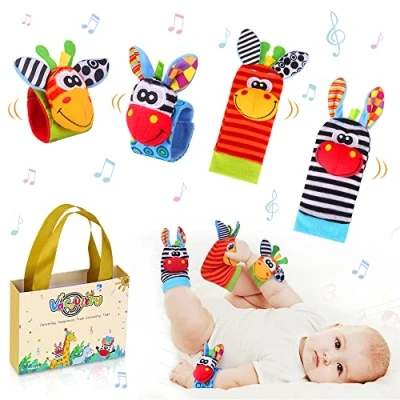 Image of Vacoulery Baby Wrist Rattles &amp; Footfinder Set Soft Animal Toys for Over 0 Month Infant Development 4Pcs (Style 1)