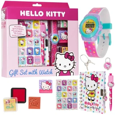 Image of Hello Kitty Notebook Digital Watch &amp; Accessories Set Kawaii Journal Secret Diary for Girls Teenagers with Lock Ink Stamps Gifts