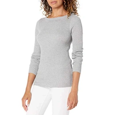 Image of Amazon Essentials Women&#039;s Lightweight Ribbed Long Sleeve Boat Neck Slim Fit Jumper, Light Grey Heather, XS