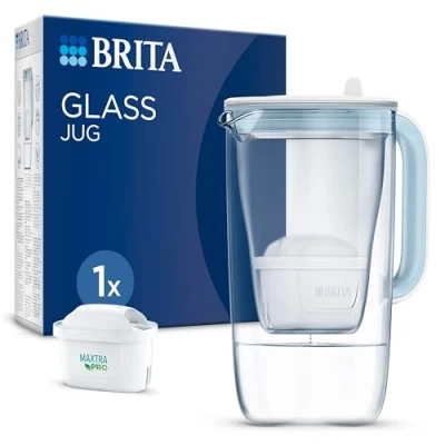 Image of BRITA Blue Glass Carafe (2.5L) with 1 x MAXTRA PRO All in Filter Cartridge Reduces Tartar, Chlorine, Certain Impurities and Metals
