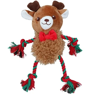 Image of AB Tools Small Dog Fluffy Ropee Reindeer Squeaky Plush Rope Play Toy