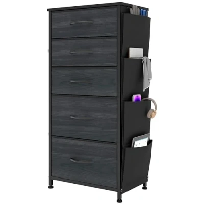 Image of YITAHOME Narrow Chest of Drawers with 5 Drawers, Fabric Side Pocket&amp;Hooks,Sturdy Steel Frame,Storage for Bedroom, Kids Room, Closet,Charcoal Black Wood Grain