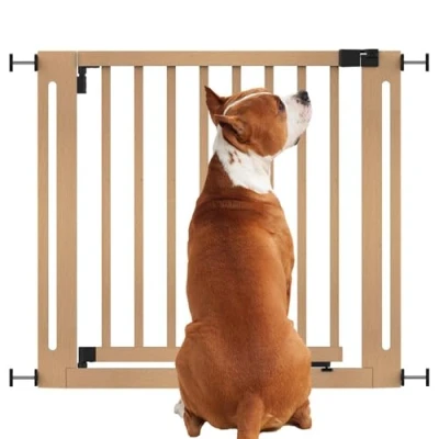Image of Bettacare Wooden Elegance Dog Gate, Natural, 87cm 95cm, Pressure Fit Safety 65cm Extra Wide Doorway, One Piece Gate for Puppy, and Pet, Stylish Design Easy Installation