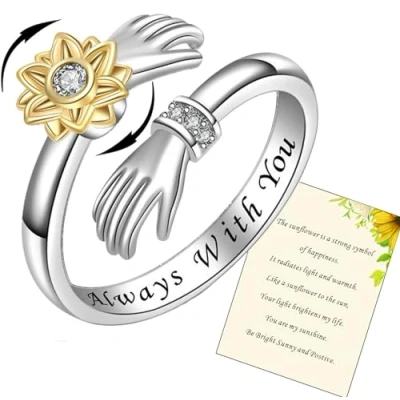 Image of 925 Sterling Silver Hug Rings for Women, I Love You Forever Mother Gift Sister Gifts Engraved Words Hugging Hands Open Ring Friendship Jewelry (Sunflower Always with you)