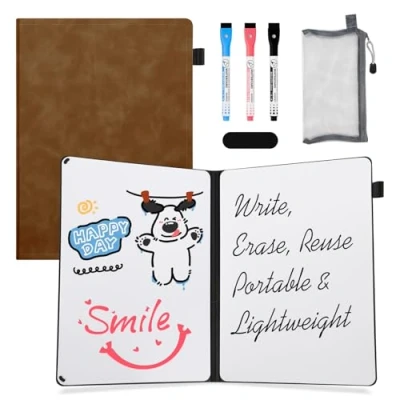 Image of AGM Dry Erase Mini Whiteboard A4, 30 x 21.5cm Double Sided Desk White Board with 3 Colored Pens, 1 Eraser, Mesh Bag, Portable Writing for Studying, Meetings, Note Taking, and Doodling Brown