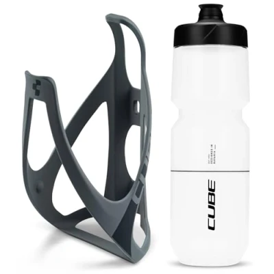 Image of Cube HPP Cage Matt Grey/Black &amp; Icon Bottle Clear, 750ml / Water Drink Flask Vessel Bidon Holder Mount Bracket Kit Lightweight Plastic Drinking Hydration Biking Bike Riding Frame Accessories