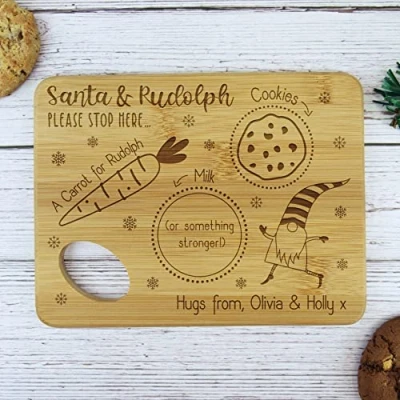 Image of eBuyGB Small Personalised Christmas Eve Board, Santa &amp; Rudolph Please Stop Here, Father Christmas, Reindeer Treat Plate, Wooden Snack Tray