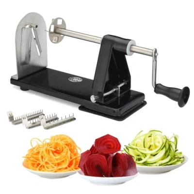 Image of ICO 3 Blade Steel Spiralizer for Vegetables, Courgette Spiralizer, Noodle Maker with Stainless Interchangeable Blades &amp; 1 Built in Ribbon Blade, Non Slip Technology