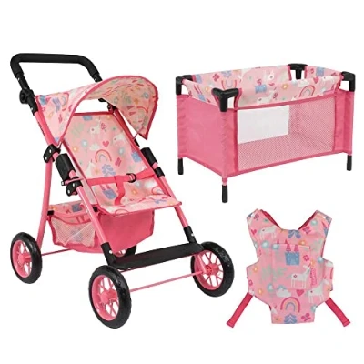Image of Cosatto Dolls Pram, Little Woo Travel Set, Pink Unicorn, Includes Stroller, Cot &amp; Baby Carrier