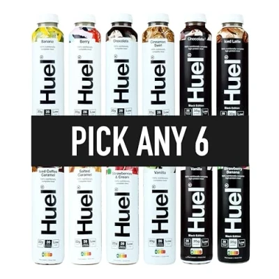 Image of HUEL Ready to Drink 500ml Pick any 6 Bottles Choose from 10 Flavours Banana, Berry, Chocolate, Cinnamon Swirl, Iced Coffee Caramel, Salted Strawberries &amp; Cream, Vanilla