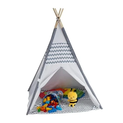 Image of Relaxdays 10035300 Children&#039;s Tipi Tent, with Floor, Wigwam, HWD: 150 x 120 cm, Indoor, Wooden Frame, Playroom, White/Grey