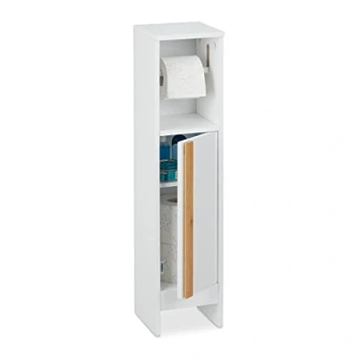 Image of Relaxdays Toilet Roll Holder, Free standing, Narrow, Storage, Bathroom Cabinet, Cupboard, HxWxD 75.5x18.5x18.5 cm, White, Fibreboard, Bamboo, 75.5 x 18.5 cm
