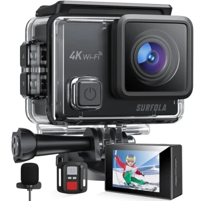 Image of Surfola Action Camera 4K 30fps, Underwater 131ft Waterproof for Snorkeling, 20MP WiFi EIS Vlogging, External Mic, 2 Rechargeable Batteries, Remote Control, Accessories Kit