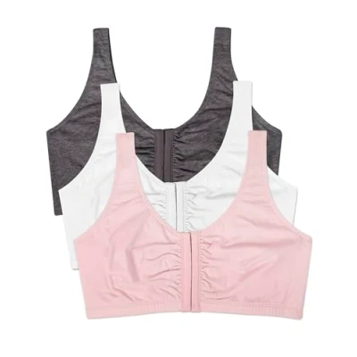 Image of Fruit of the Loom Womens Front Close Builtup Sports Bra, Blushing Rose/Charcoal/White 3 Pack, 38