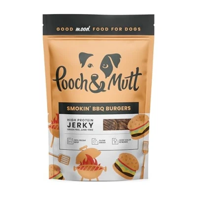 Image of Pooch &amp; Mutt Grain Free Jerky Treats, Smokin&#039; BBQ Burgers Flavour for Training Reward, Pack of 1x90g
