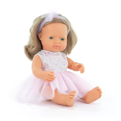 Image of Miniland Baby Doll Dark Blonde Girl 38cm. Made in Spain with vanilla scent. Anatomically correct. My Friends &amp; Me collection