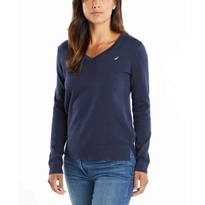 Image of Nautica Women&#039;s Effortless J Class Long Sleeve 100% Cotton V Neck Sweater, Navy, Small